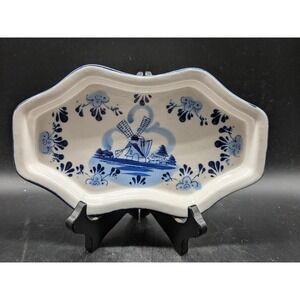 Delft Blue Handpainted Ceramic Windmill Scalloped Trinket‎ Dish Netherlands 9"